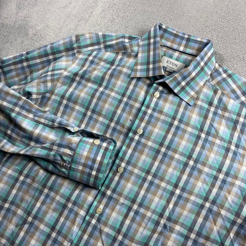 Eton Contemporary Fit‎ Plaid Dress Shirt Blue Teal Tan Mens 16.5 L 42